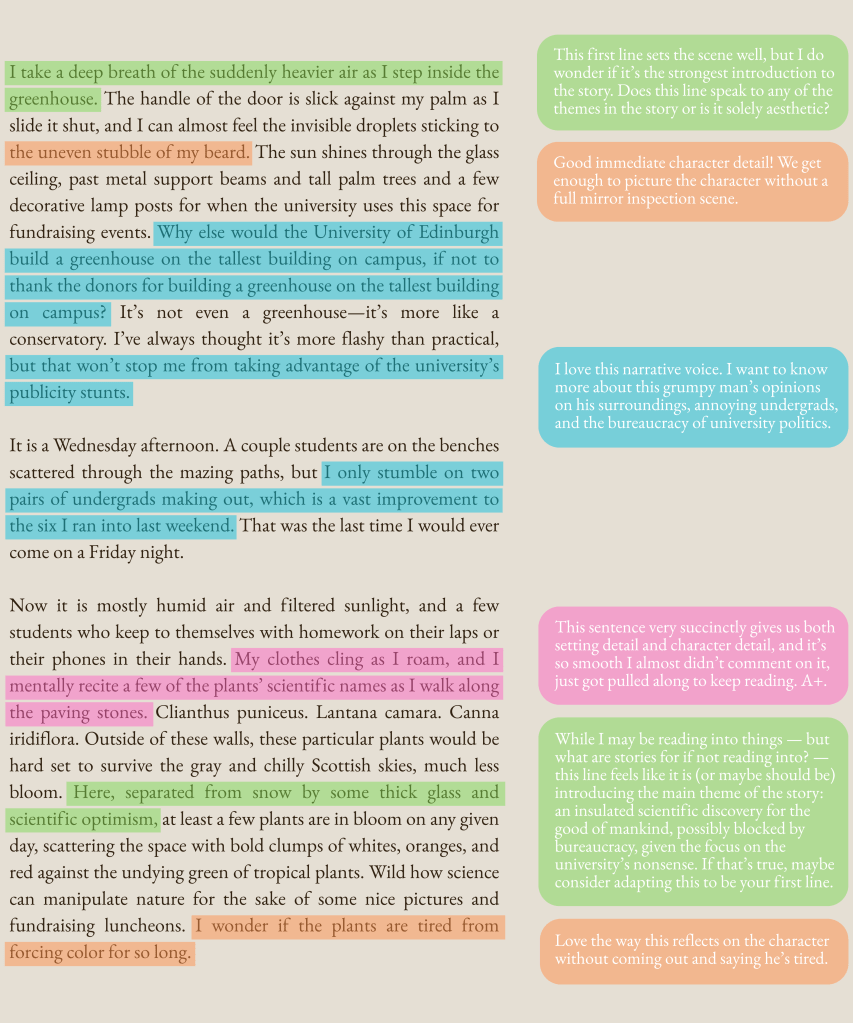 A graphic with specific sentence text of the first page highlighted and corresponding comments.

Text: I take a deep breath of the suddenly heavier air as I step inside the greenhouse. Comment: This first line sets the scene well, but I do wonder if it’s the strongest introduction to the story. Does this line speak to any of the themes in the story or is it solely aesthetic?

Text: the uneven stubble of my beard. Comment: Good immediate character detail! We get enough to picture the character without a full mirror inspection scene.

Text: Why else would the University of Edinburgh build a greenhouse on the tallest building on campus, if not to thank the donors for building a greenhouse on the tallest building on campus? Comment: I love this narrative voice. I want to know more about this grumpy man’s opinions on his surroundings, annoying undergrads, and the bureaucracy of university politics.

Text: My clothes cling as I roam, and I mentally recite a few of the plants’ scientific names as I walk along the paving stones. Comment: This sentence very succinctly gives us both setting detail and character detail, and it’s so smooth I almost didn’t comment on it, just got pulled along to keep reading. A+.

Text: Here, separated from snow by some thick glass and scientific optimism. Comment: While I may be reading into things ⁠— but what are stories for if not reading into? ⁠— this line feels like it is (or maybe should be) introducing the main theme of the story: an insulated scientific discovery for the good of mankind, possibly blocked by bureaucracy, given the focus on the university’s nonsense. If that’s true, maybe consider adapting this to be your first line.

Text: I wonder if the plants are tired from forcing color for so long. Comment: Love the way this reflects on the character without coming out and saying he’s tired.