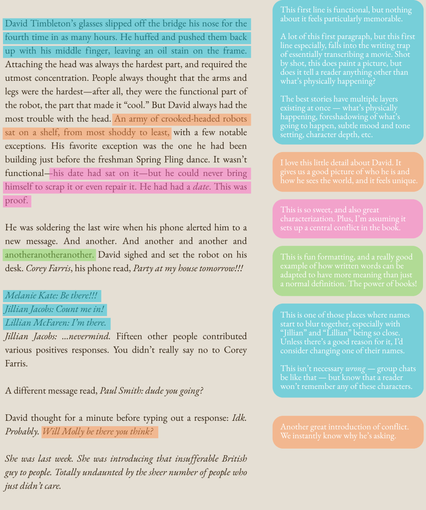 A graphic with specific sentence text of the first page highlighted and corresponding comments.

Text: David Timbleton’s glasses slipped off the bridge his nose for the fourth time in as many hours. He huffed and pushed them back up with his middle finger, leaving an oil stain on the frame. Comment: This first line is functional, but nothing about it feels particularly memorable. A lot of this first paragraph, but this first line especially, falls into the writing trap of essentially transcribing a movie. Shot by shot, this does paint a picture, but does it tell a reader anything other than what’s physically happening? The best stories have multiple layers existing at once — what’s physically happening, foreshadowing of what’s going to happen, subtle mood and tone setting, character depth, etc.

Text: An army of crooked-headed robots sat on a shelf, from most shoddy to least. Comment: I love this little detail about David. It gives us a good picture of who he is and how he sees the world, and it feels unique.

Text: his date had sat on it—but he could never bring himself to scrap it or even repair it. He had had a date. This was proof. Comment: This is so sweet, and also great characterization. Plus, I’m assuming it sets up a central conflict in the book.

Text: anotheranotheranother. Comment: This is fun formatting, and a really good example of how written words can be adapted to have more meaning than just a normal definition. The power of books!

Text: Melanie Kate: Be there!!! Jillian Jacobs: Count me in! Lillian McFaren: I’m there. Comment: This is one of those places where names start to blur together, especially with “Jillian” and “Lillian” being so close. Unless there’s a good reason for it, I’d consider changing one of their names. This isn’t necessary wrong — group chats be like that — but know that a reader won’t remember any of these characters.

Text: Will Molly be there you think? Comment: Another great introduction of conflict. We instantly know why he’s asking.
